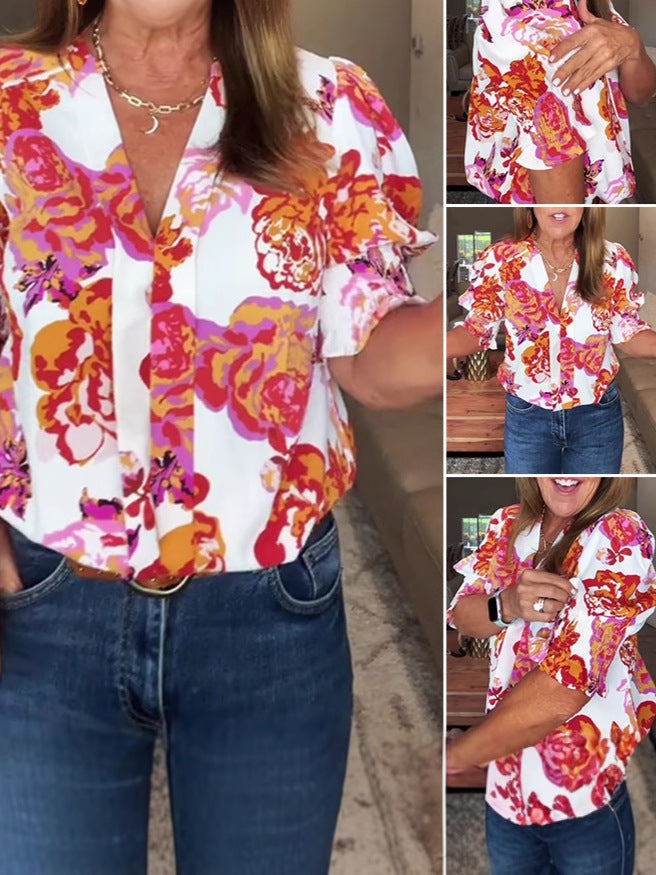 Dame kortærmet bluse med blomster rynker Stilla