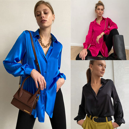 Damer elegant satin bluse med dyb V-hals Stilla