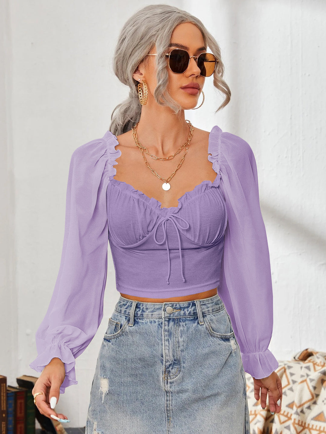 Dame Cropped-bluse med rynker og elegante puffærmer Skovae