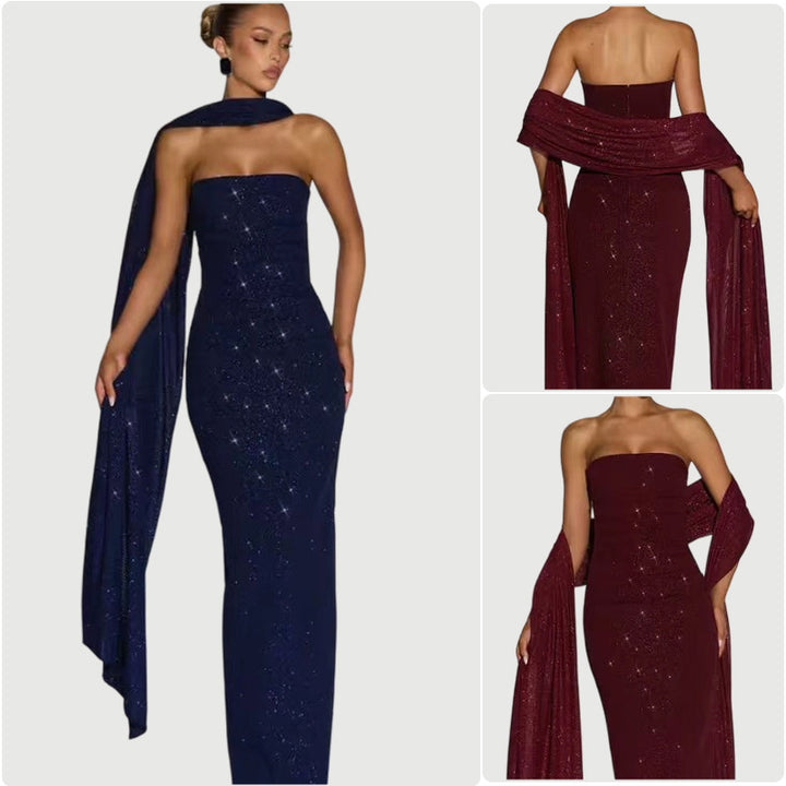 Dame elegante aftenkjole med glitrende paljetter og design uden stropper