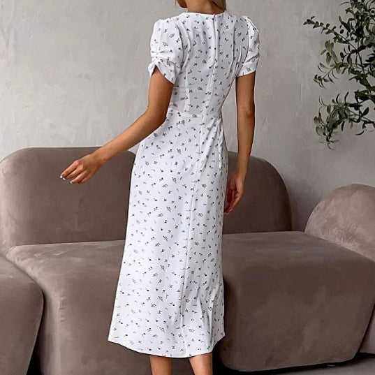 Dame Maxikjole med blomsterprint og puffærmede design Stilla