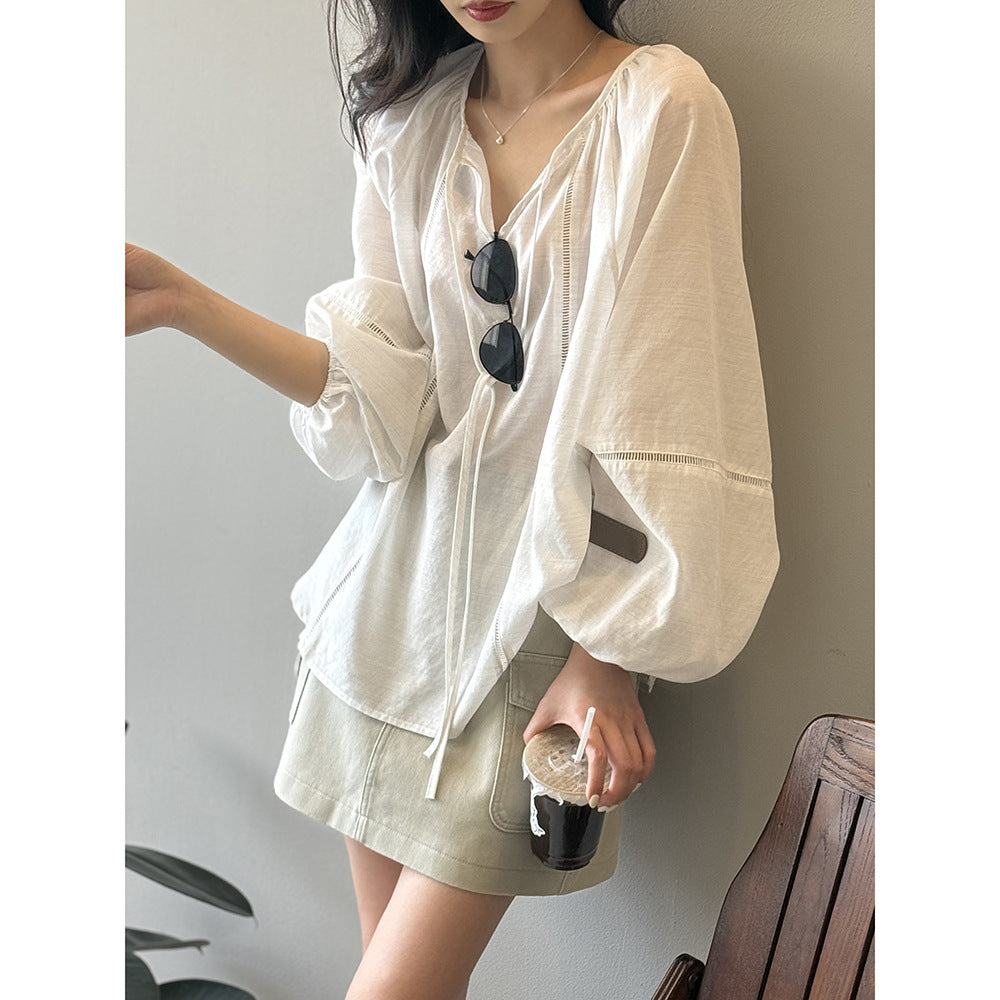 Dame casual oversized bluse med elegante pufærmer og V-udskæring Stilla