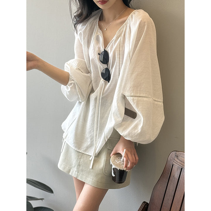 Dame casual oversized bluse med elegante pufærmer og V-udskæring Stilla