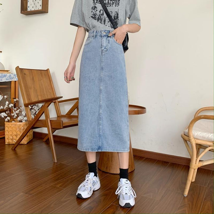 Damer Lang Denim Nederdel med Chic Slids Stilla