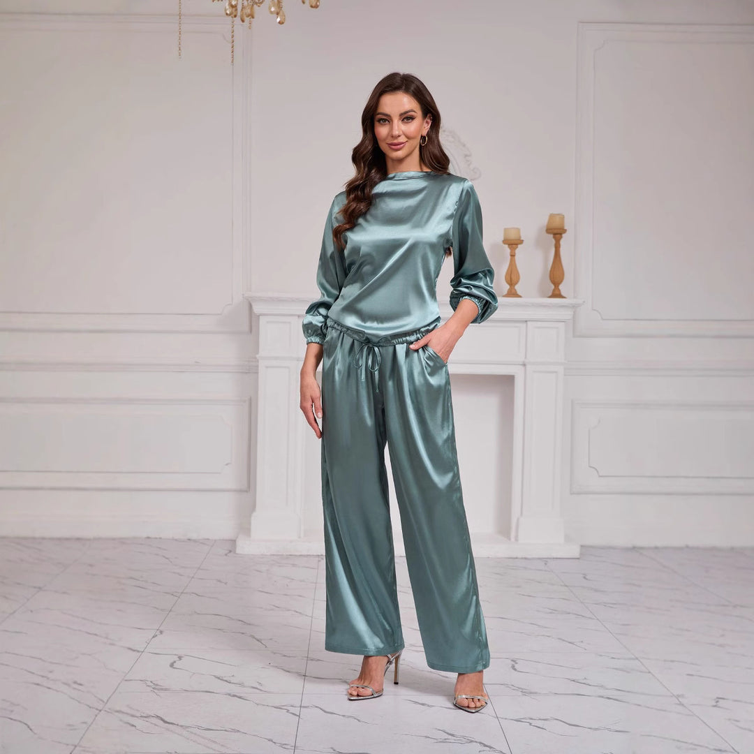 Dame Elegant Satin-Loungewear-Sæt med løs pasform Stilla
