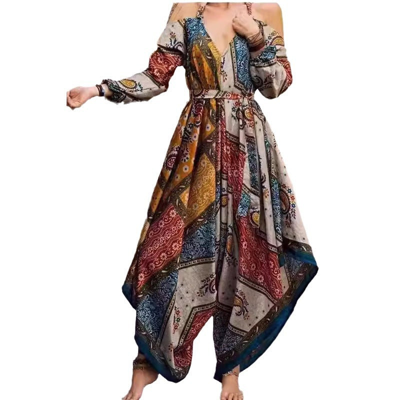 Dame Langt Vavede Kjole med Legende Mønster og Off-Shoulder Design Skovae