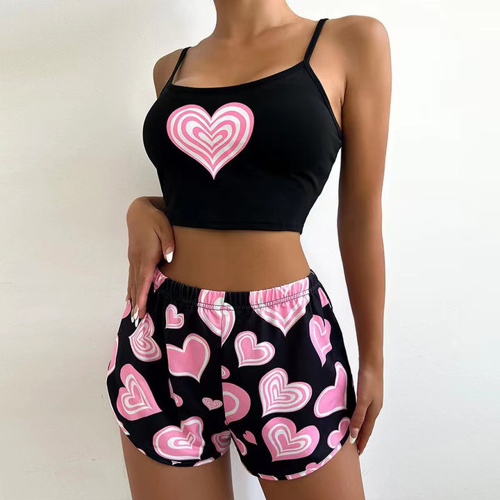 Dame fritids-crop-top og shorts sæt med kærligt hjerte-motiv Stilla