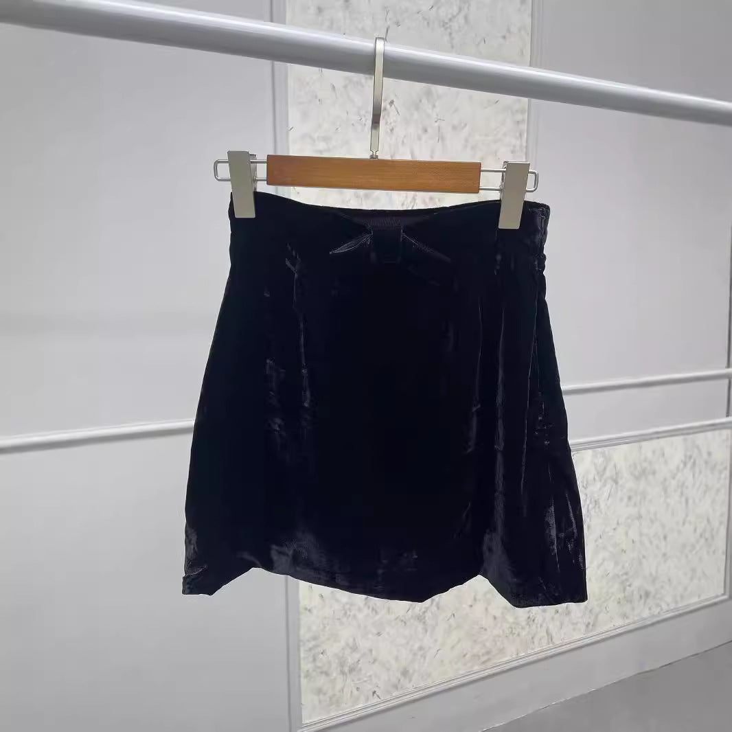 Dame Kort Velour Nederdel med elegant Sløjfedetalje Stilla