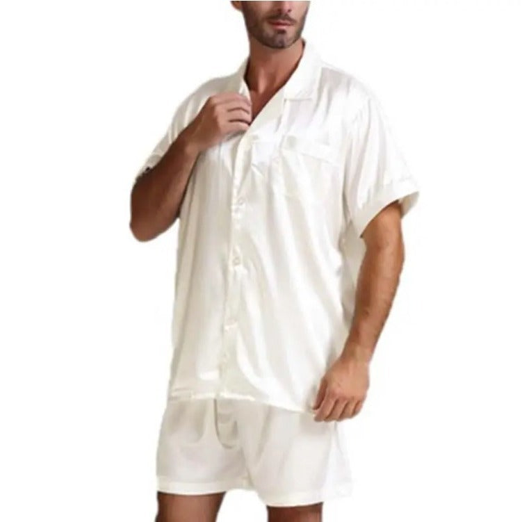 Unisex nan silke-glinsende kortærmet pyjamasæt med skjorte-krave og elastisk linning Skovae