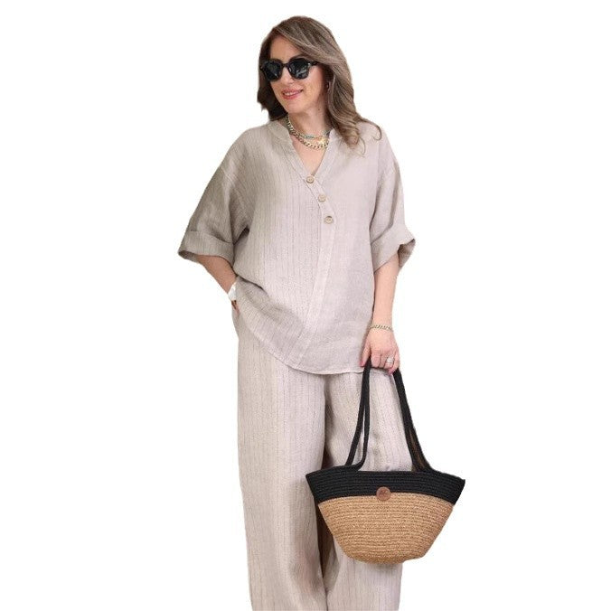 Dame Sommerlig Linnedbluse med brede Bukser Stilla