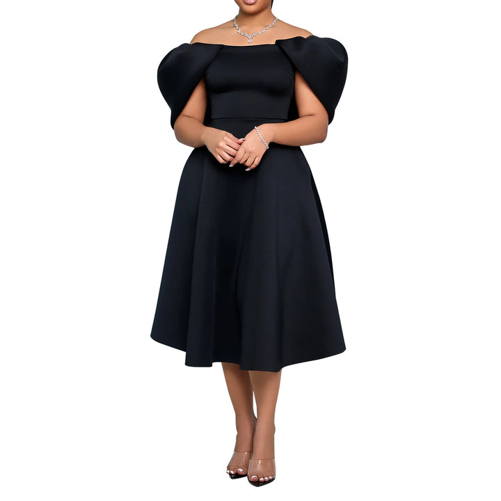 Damer glamourøst midikjole med off-shoulder design og voluminøse puffærmer Stilla