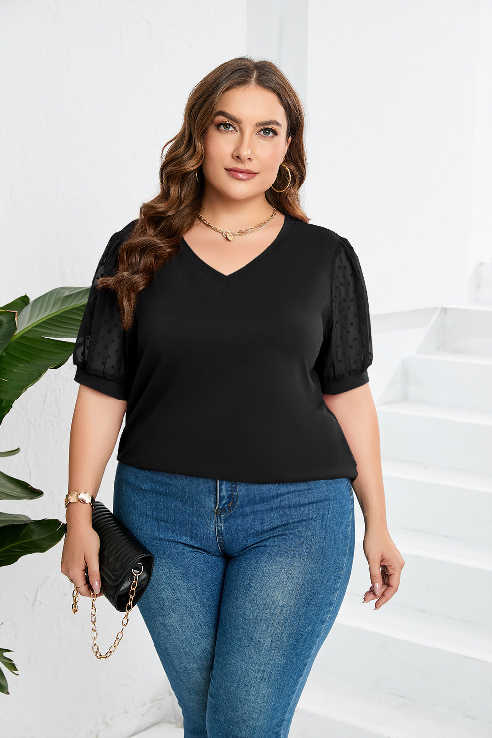 Damer elegant bluse skjorte med gennemsigtige puffærmer og V-hals Skovae