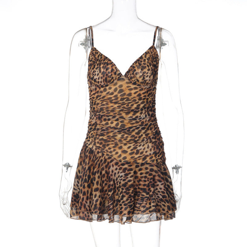 Damen Sommerliches Minikleid mit tiefem V-Ausschnitt und tierischem Muster Skovae