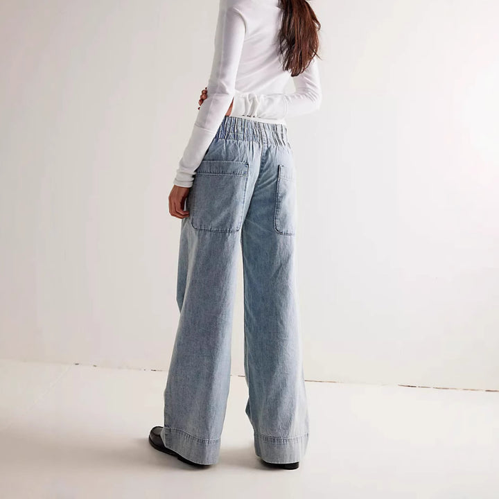Dame bred denim-stretchbukser med høje lommer og elastisk talje Stilla