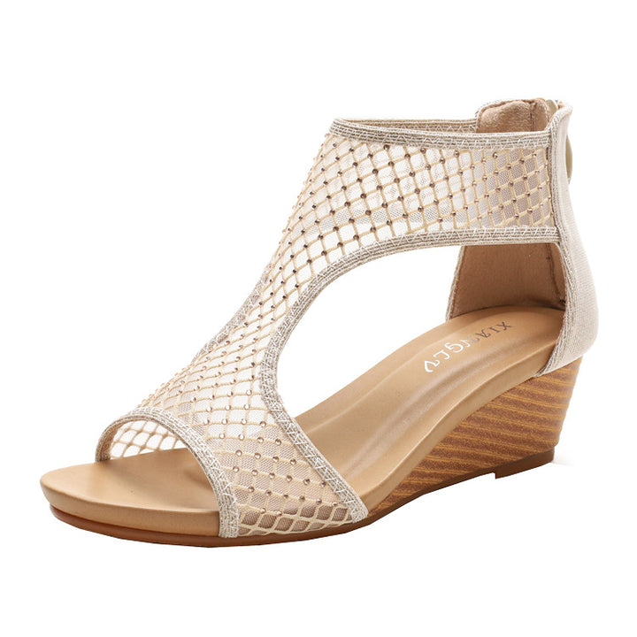 Damer Open-Toe Wedge Sandaler med netmønster og glimmersten-applikationer Stilla