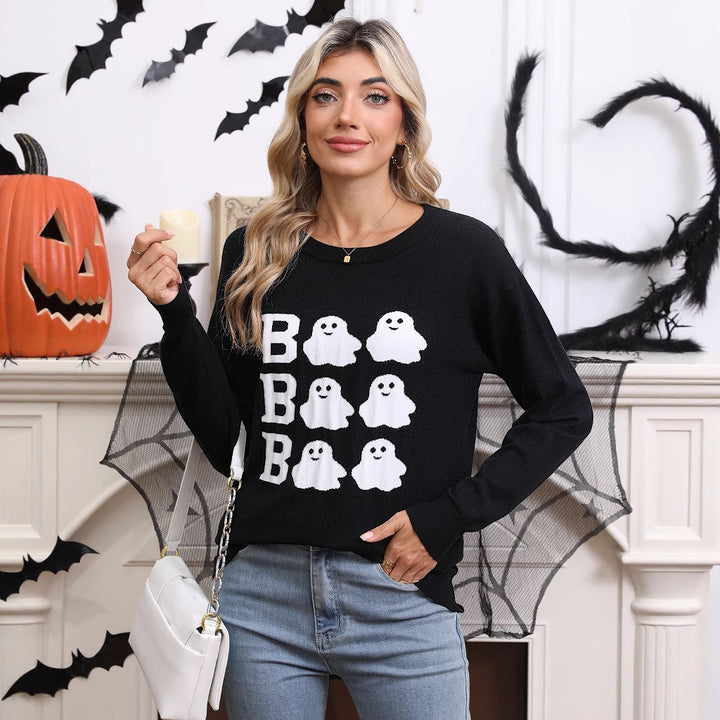 Kvindernes Strikkede Halloween Sweater med Geist Motiv og Løs Fit Stilla