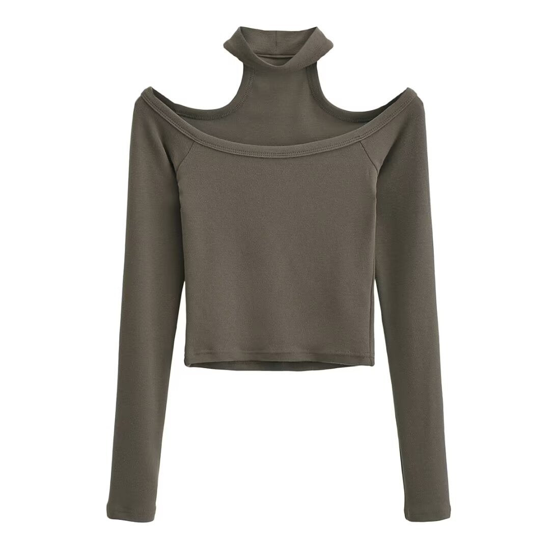 Dame Off-Shoulder Langærmet Top med stilfuld Ståkrave og attraktiv Pasform Stilla