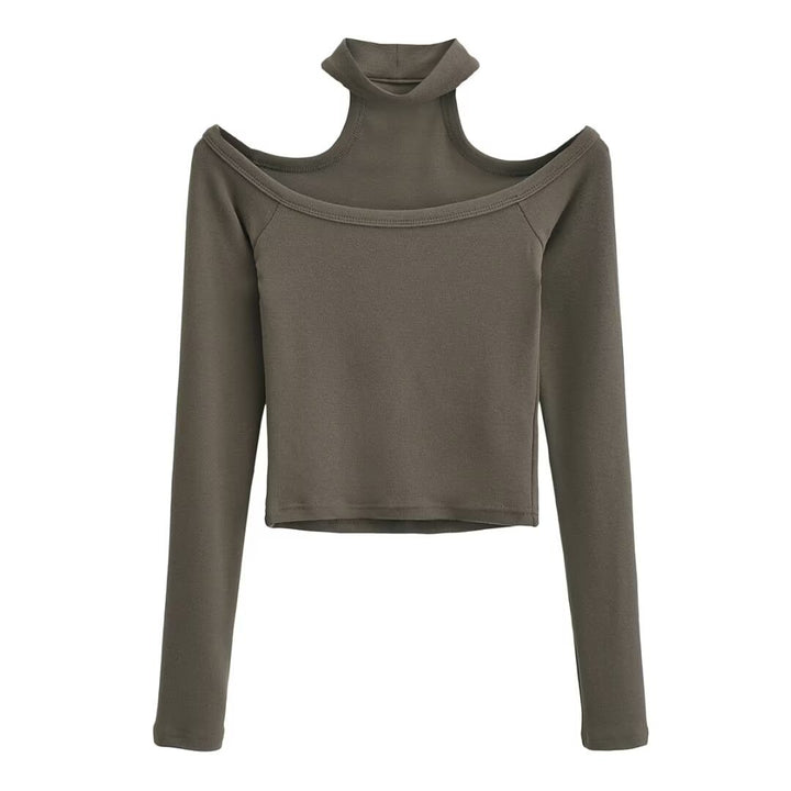 Dame Off-Shoulder Langærmet Top med stilfuld Ståkrave og attraktiv Pasform Stilla