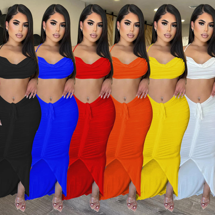 Dame to-delt sæt med crop-top og maxiskirt i den trendy ruffles design Stilla