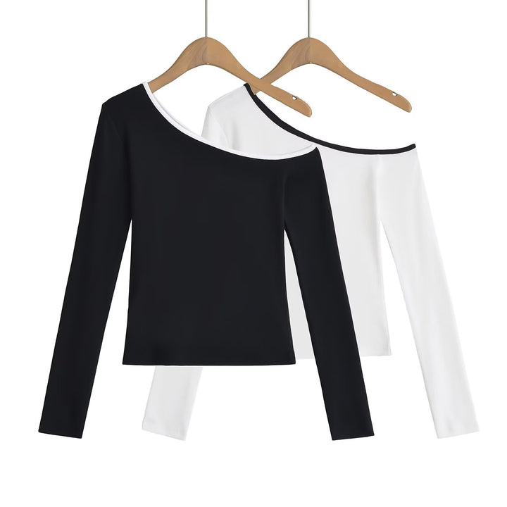 Dame Off-Shoulder Langærmet T-shirt med elegant kontrastdetalje Stilla