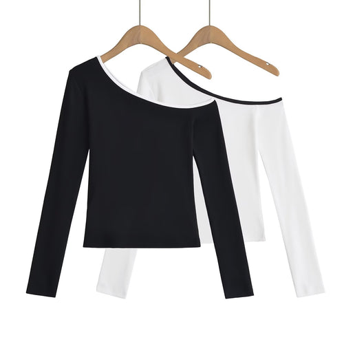 Dame Off-Shoulder Langærmet T-shirt med elegant kontrastdetalje Stilla