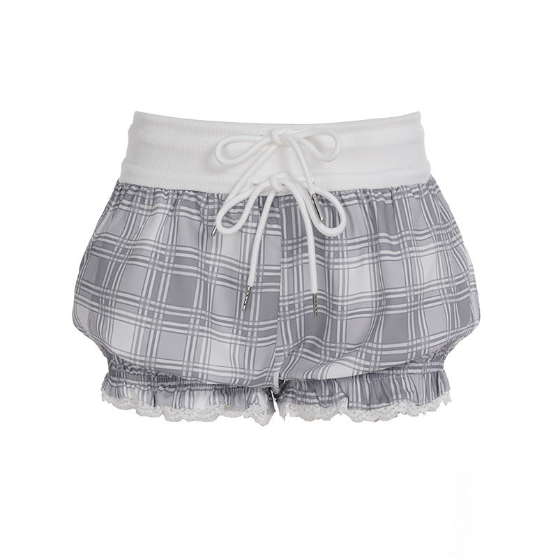 Dame fashionable ternet stof pyjamas shorts med blonde og elastisk talje Skovae