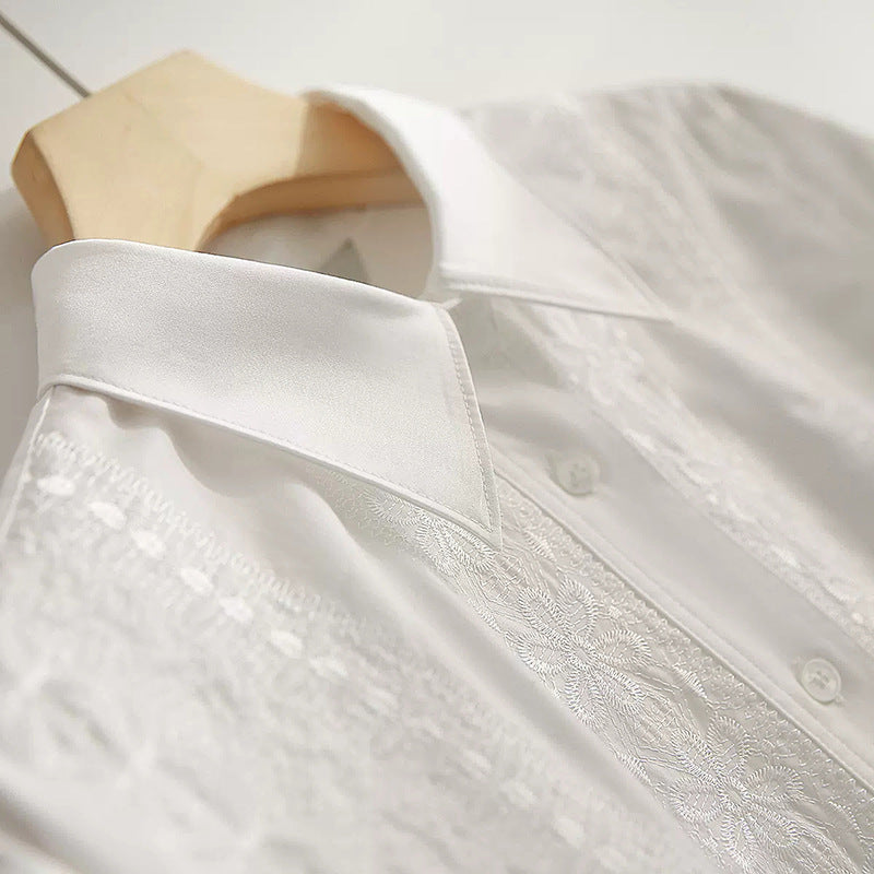 Dame elegant Langærmet bluse med fine broderier og klassisk snit Stilla
