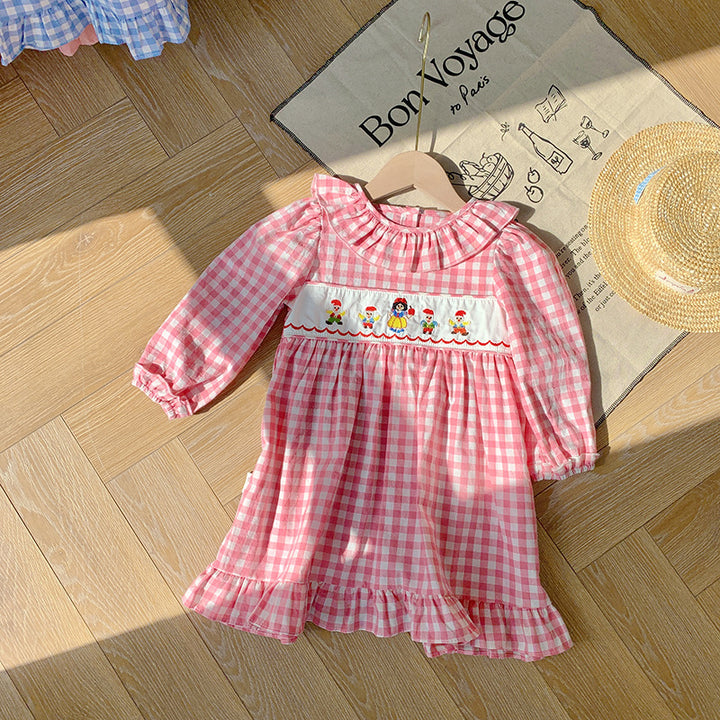 Pige Gingham-rutete kjole med fantasifuld karaktérbroderi Stilla