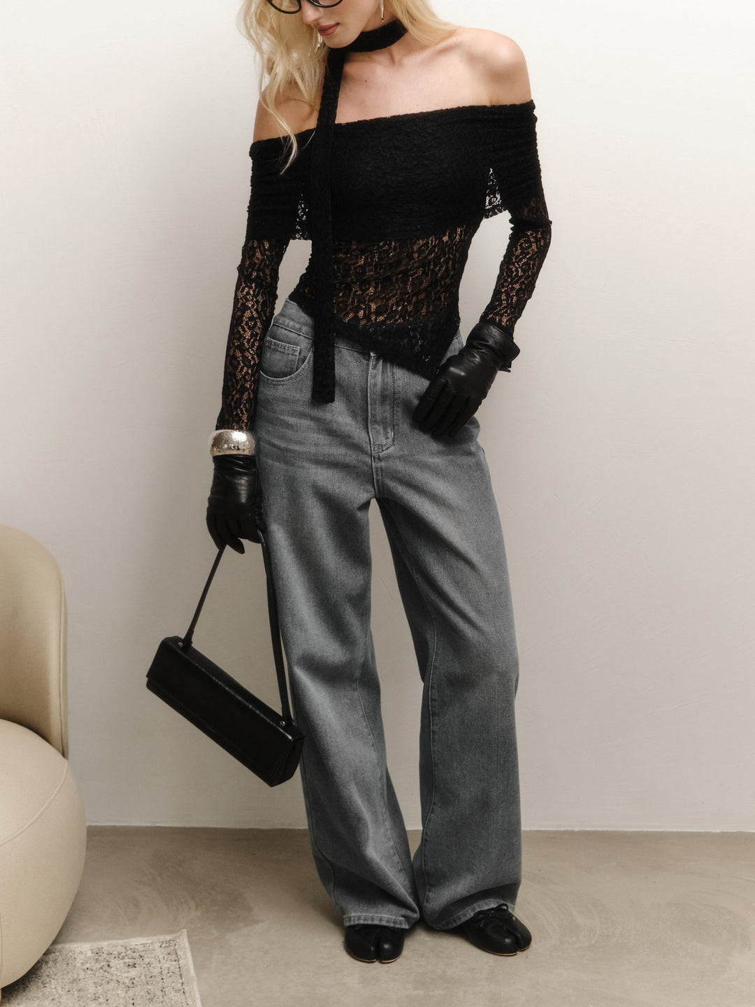 Dame Off-Shoulder Spidsetop med dekorativt Bånd Stilla