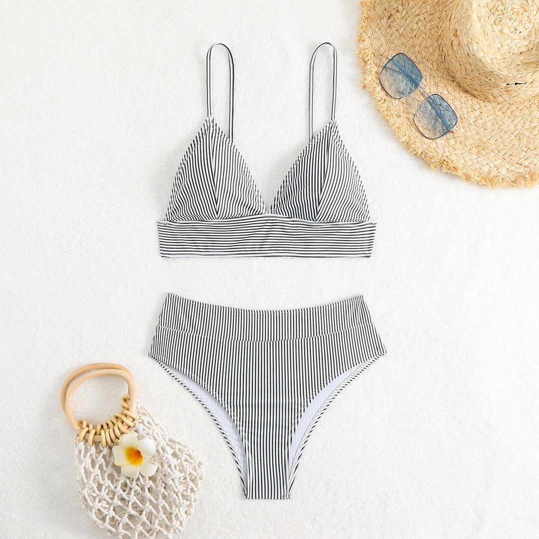 Dame High-waisted bikini sæt med fine striber Skovae