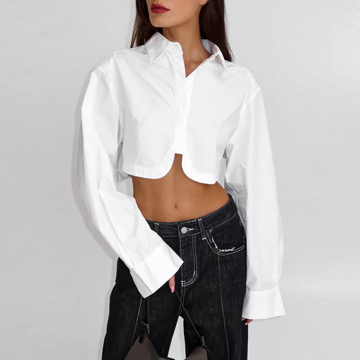 Dame cropped bluse med voluminøse ærmer og moderne krave Stilla