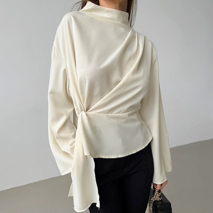 Dame Elegant Ståkrave Top med smart Drapering og bred Snit Stilla