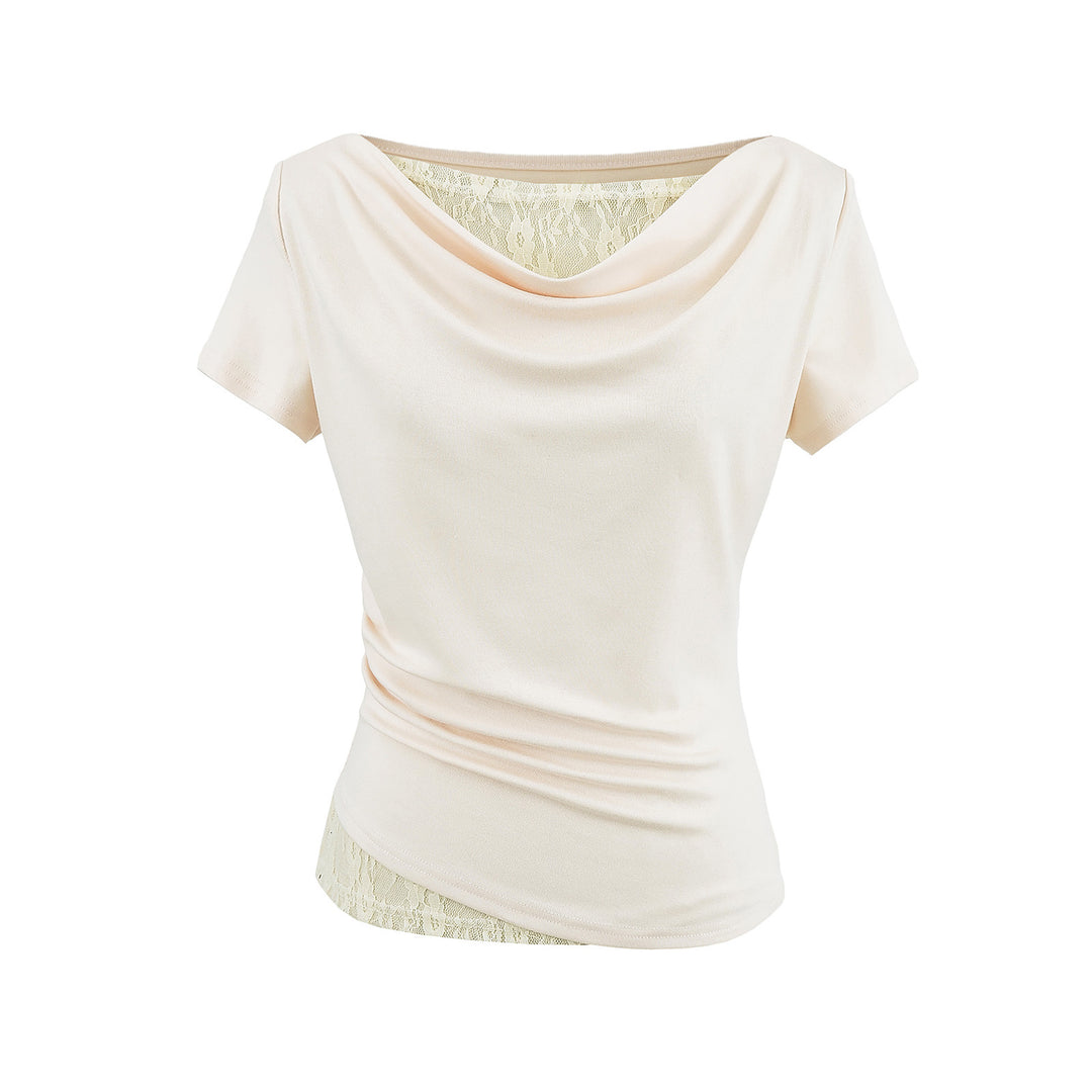 Dame Stretch-top med flydende drapering og elegant spidsindsats Stilla