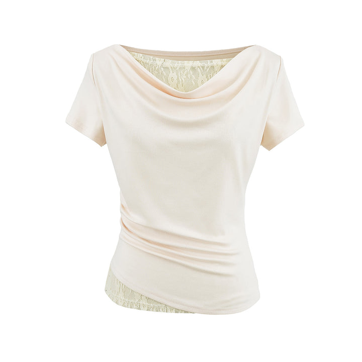 Dame Stretch-top med flydende drapering og elegant spidsindsats Stilla