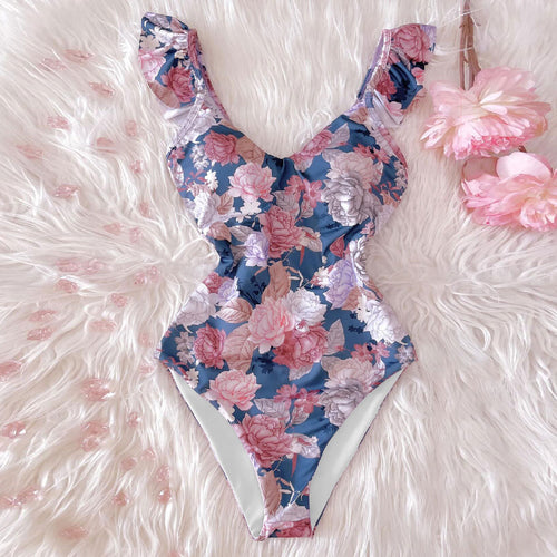 Dame Én-delt Badetøj med feminine Flædedetaljer og blomsterdesign Stilla
