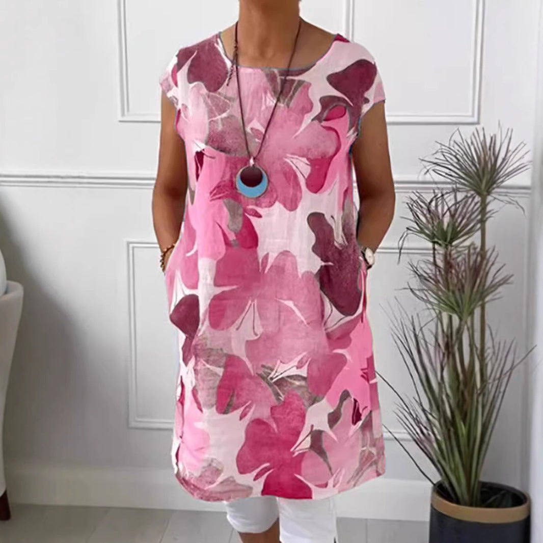Dame nan let tunika-midi kjole lavet af linnedmix med akvarelblomsterprint og sidelommer Skovae