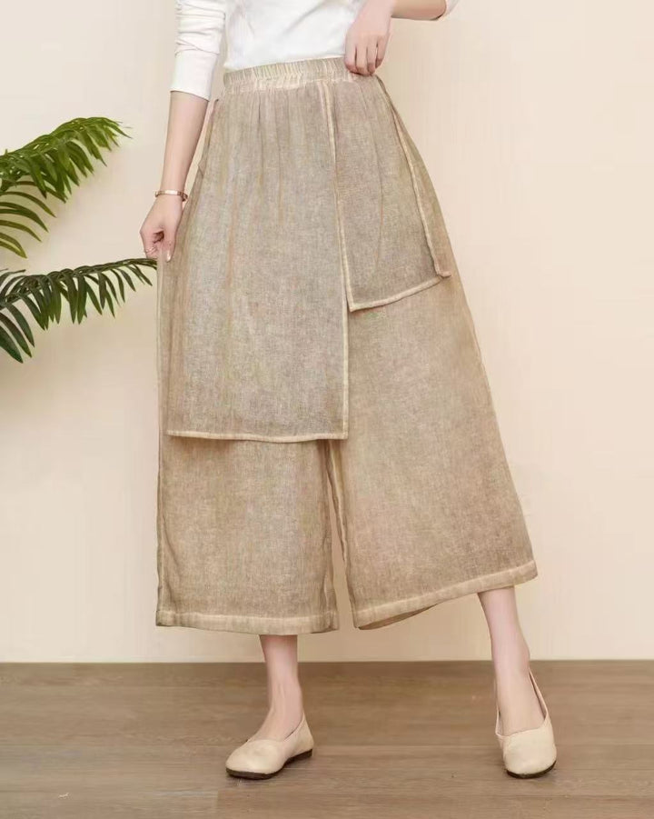 Femme Elegante Bred Leinen Culottes med Justerbar Talje Stilla