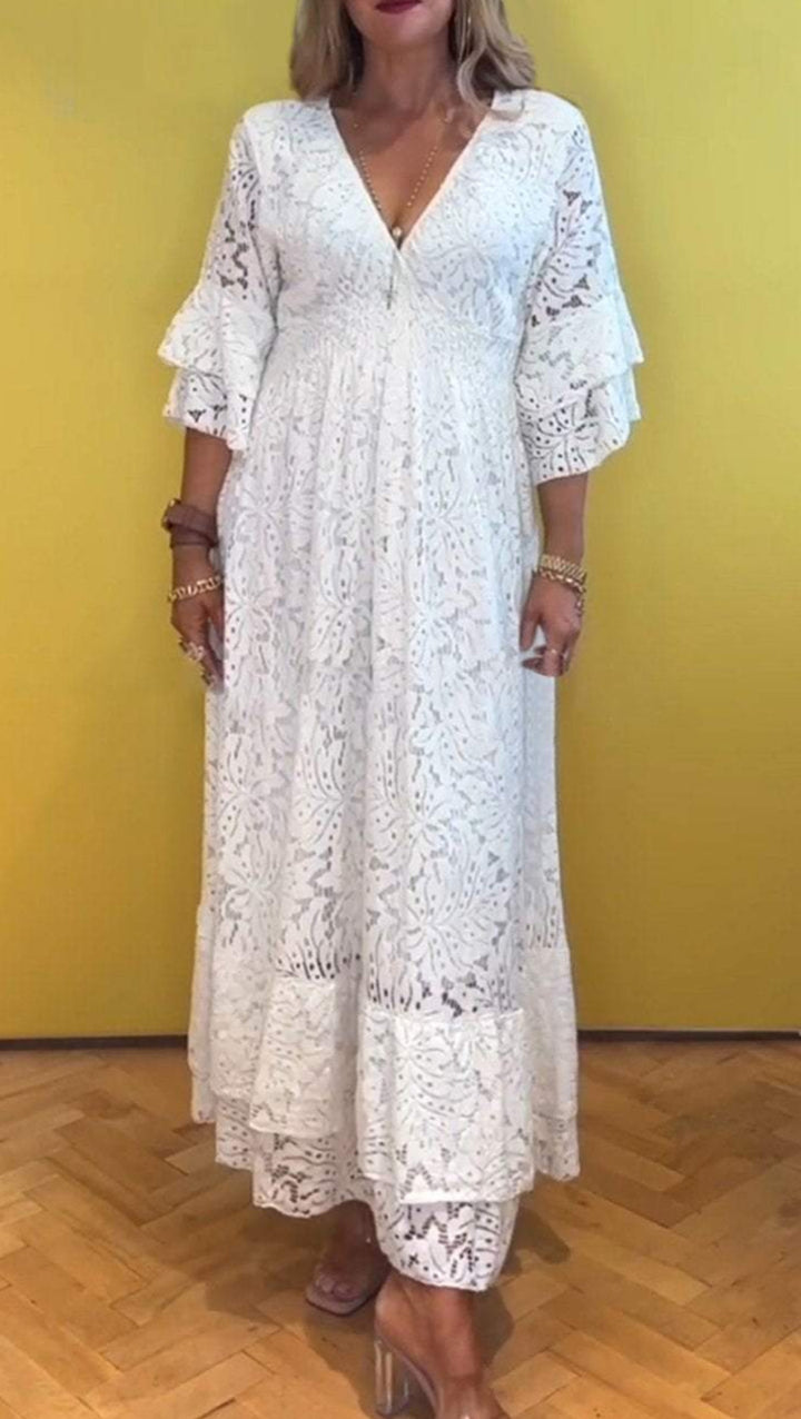 Dame nan Boho-spids-maxikjole med V-udskæring, underbust-syning og lagdelt flæseærmer Skovae