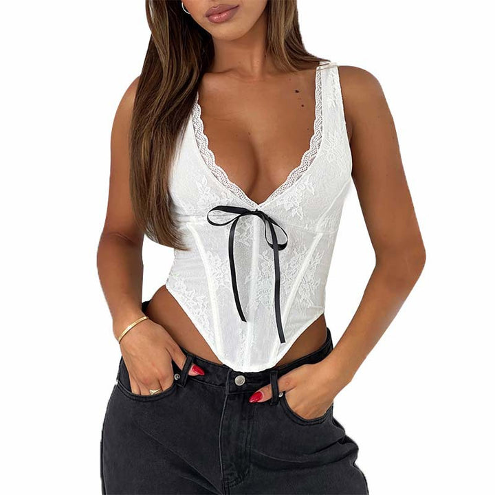 Dame spids-bustier med elegant V-udskæring og dekorativ sløjfedetalje Skovae
