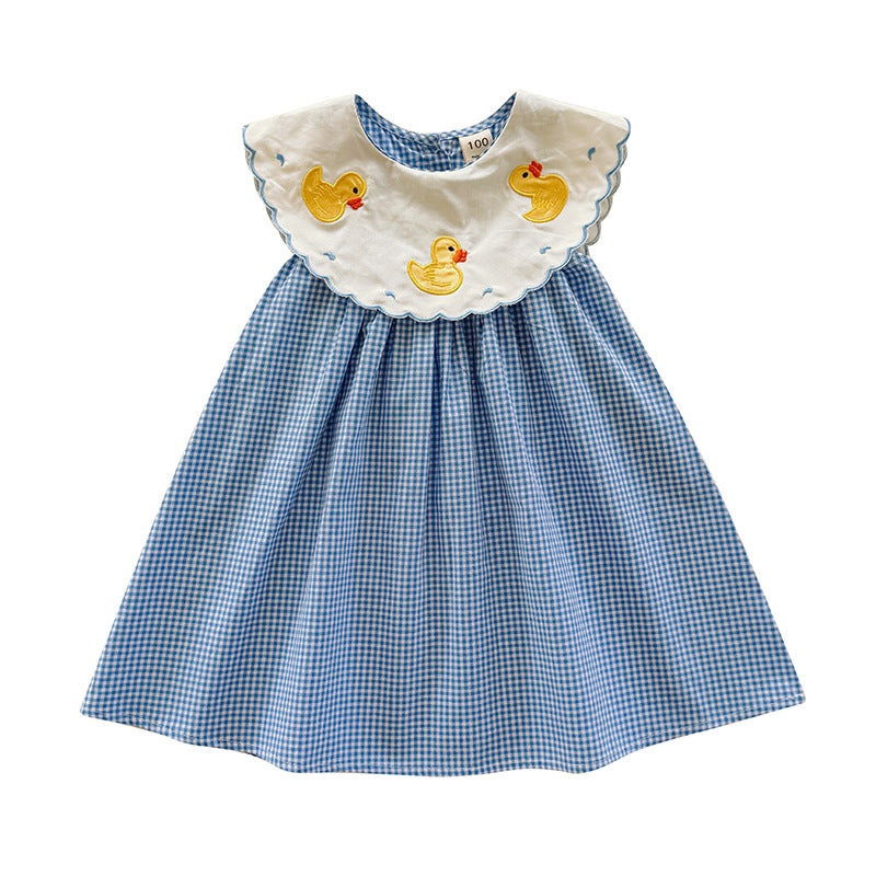 Pige Legesyg Gingham Kjole med Broderet Andemønster Stilla