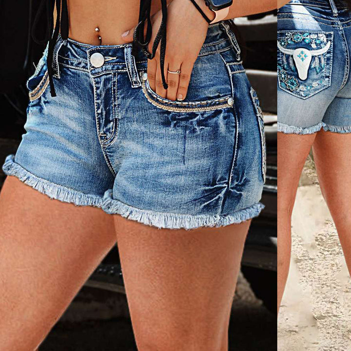 Dame jeans shorts med blomsterdetaljer og riftede kanter