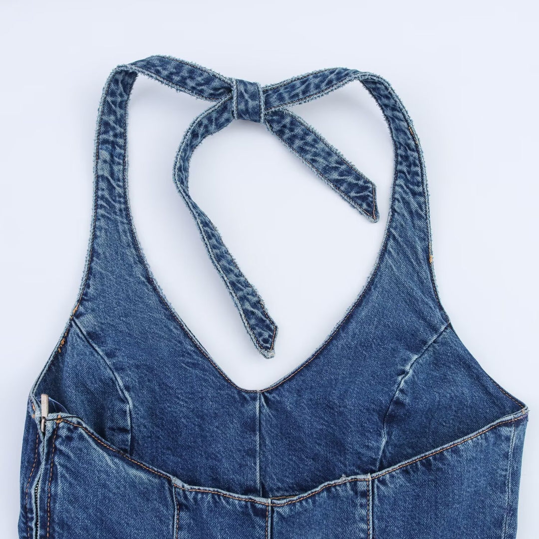 Dame jumpsuit i denim med krydsstropper Skovae