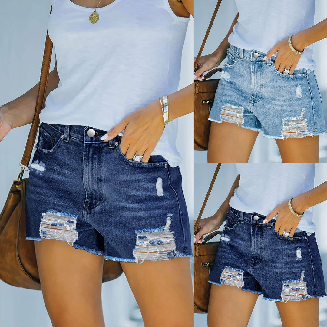 Damer Højskårne Destroyed Denim-Shorts med udsøgte frynser Skovae