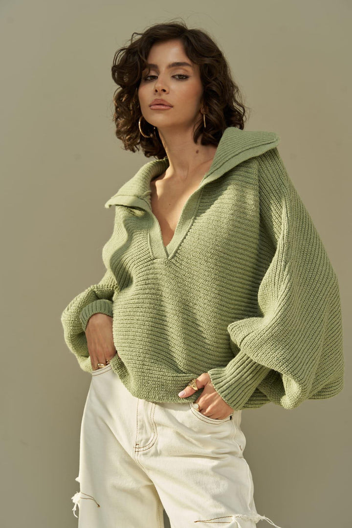 Dame afslappet strikpullover med oversized krave Stilla