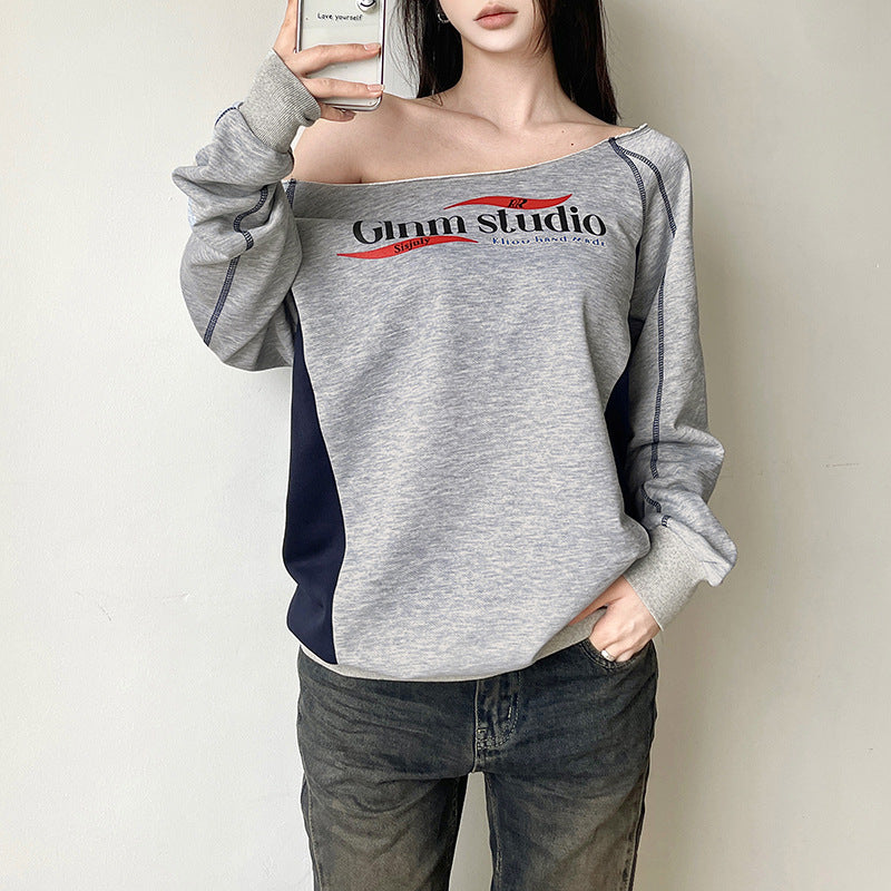 Dame Trendy OverStørrelse-Sweatshirt med legende Off-Shoulder-snit og kontrasterende detaljer Stilla