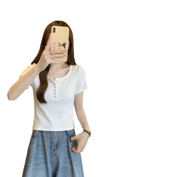 Dame Button-Up Kortærmet Henley Top Stilla