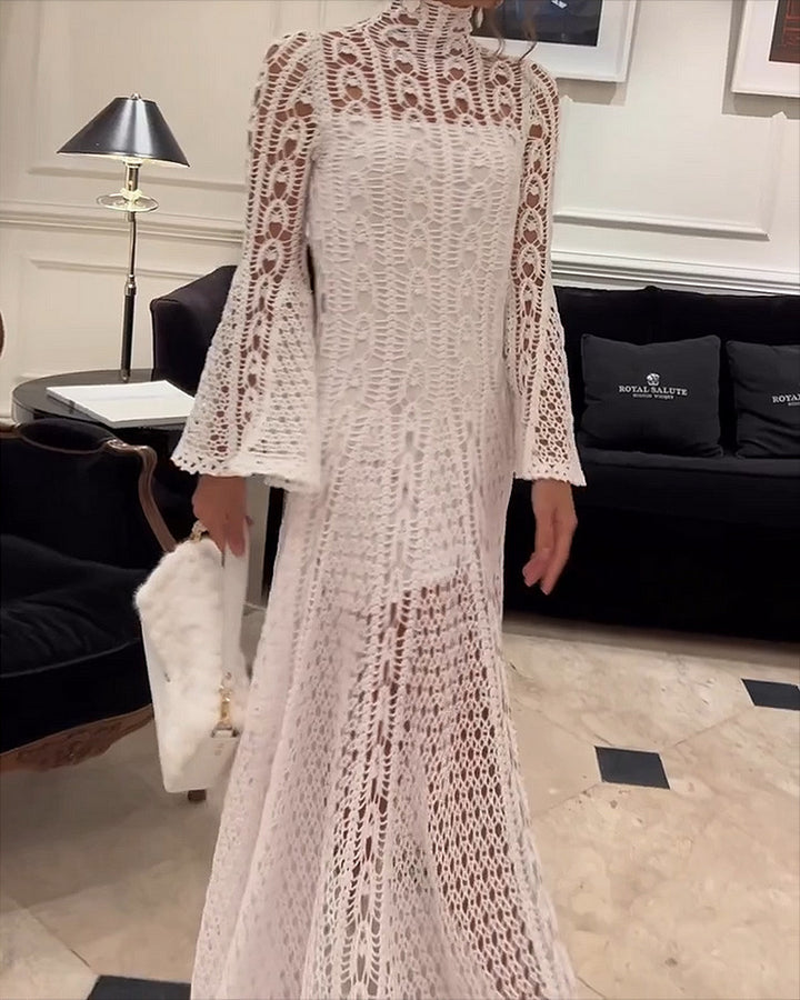Kvinder Elegant Blonde Maxi Kjole med Høj Krave og Gennemsigtige Ærmer Skovae