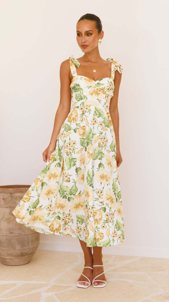 Dame floral Maxikjole med skulderfri design og legende flæser Stilla
