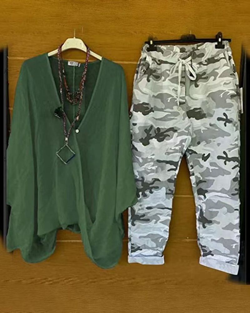 Dame nan to-delt outfit af flydende kimono-top og camouflage-joggingbukser Skovae