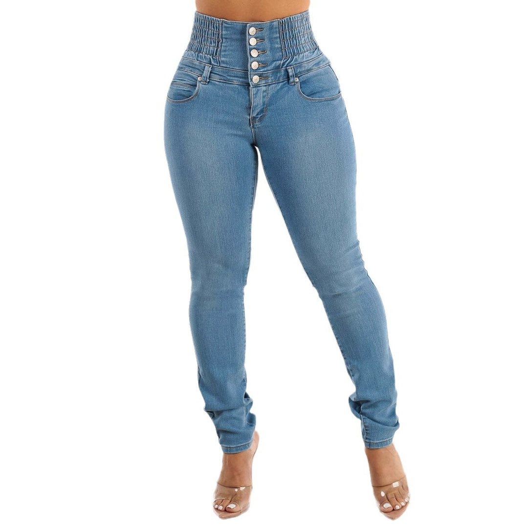 Damer High-Waist Skinny Jeans med elastisk talje og dekorative knapper Stilla